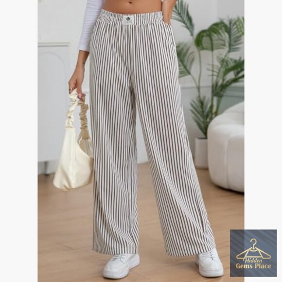 Lightweight Striped Pajama Pants High Waist Wide Leg Lounge Bottoms - Picture 2 of 7